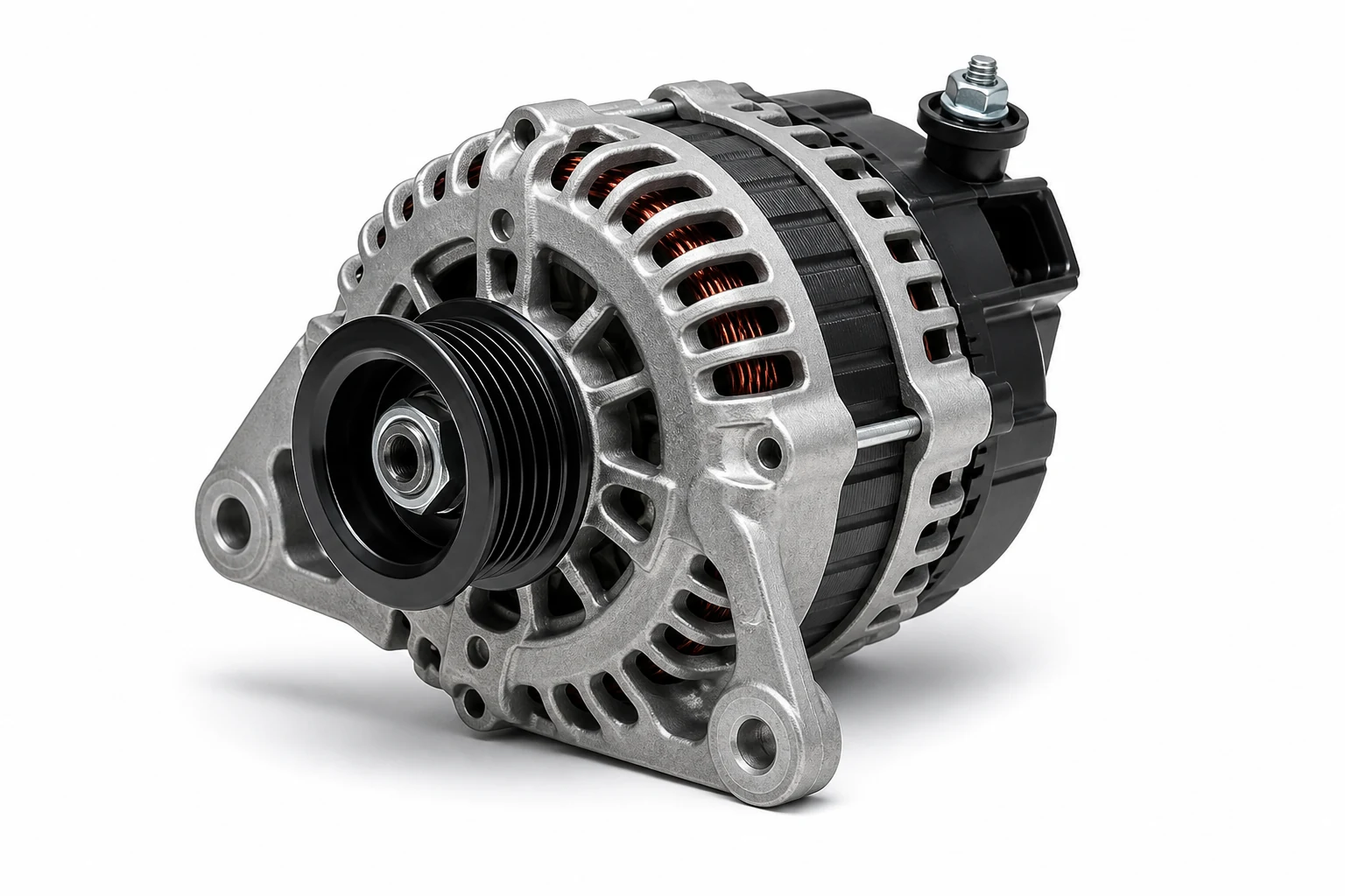 Unbranded automotive alternator on a white background