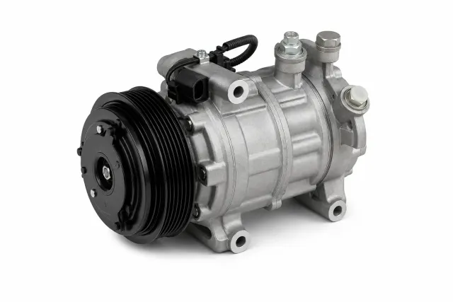 Unbranded automotive air-conditioning compressor on a white background